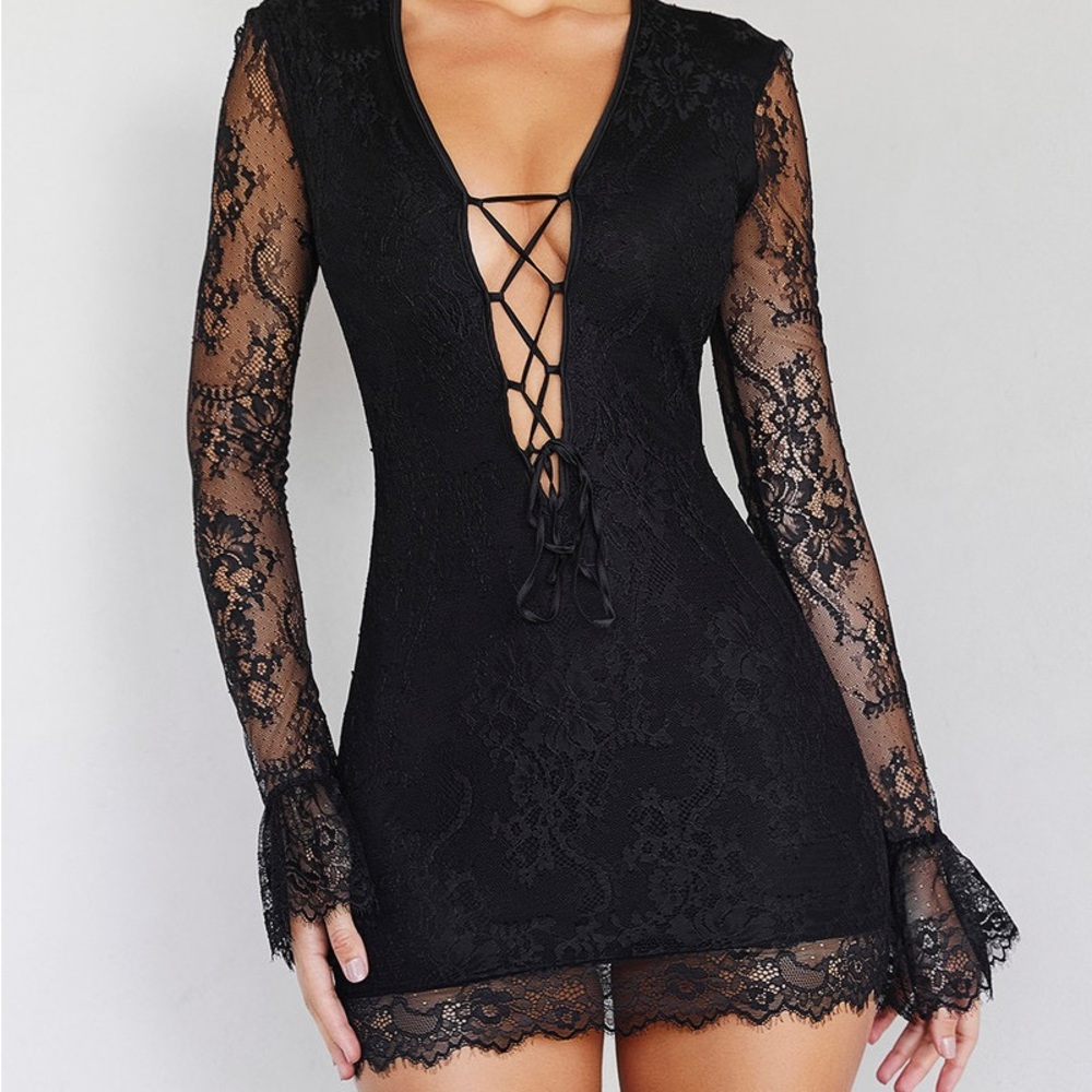 Mistress Rocks Enchant Black Lace Up Mini Dress